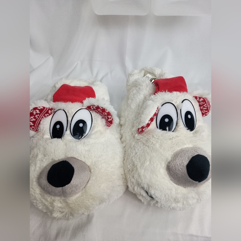 JOE BOXER Fuzzy Red White Christmas gift holiday Polar Bear Slip On Slippers 7/8